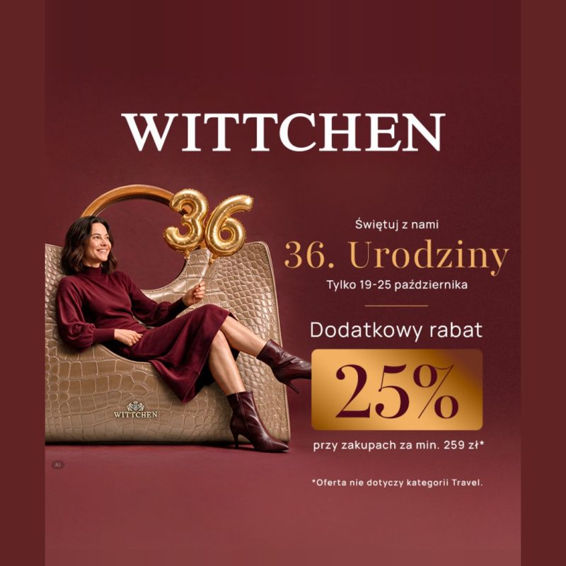 Grafika promocji Wittchen w Outlet Park Szczecin: 36. urodziny marki, dodatkowy rabat 25% przy zakupach za min. 259 zł, 19–25 października