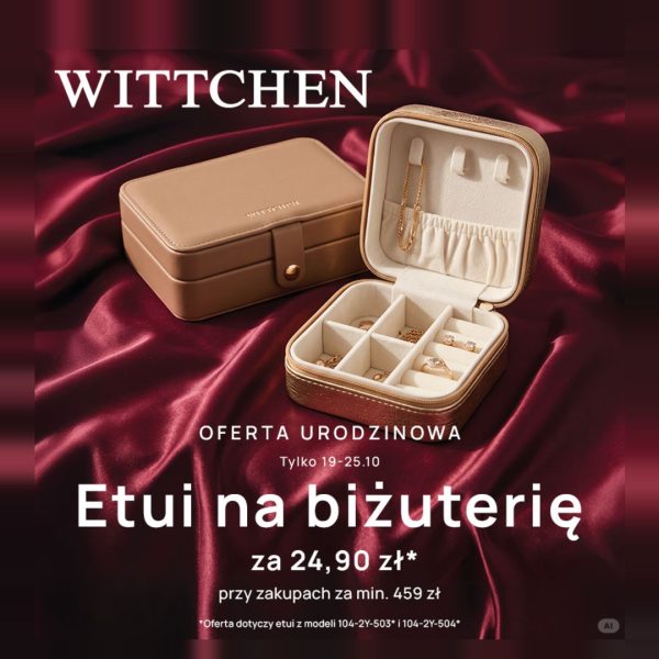 Grafika promocji Wittchen w Outlet Park Szczecin: oferta urodzinowa, etui na biżuterię za 24,90 zł przy zakupach za min. 459 zł, 19–25 października
