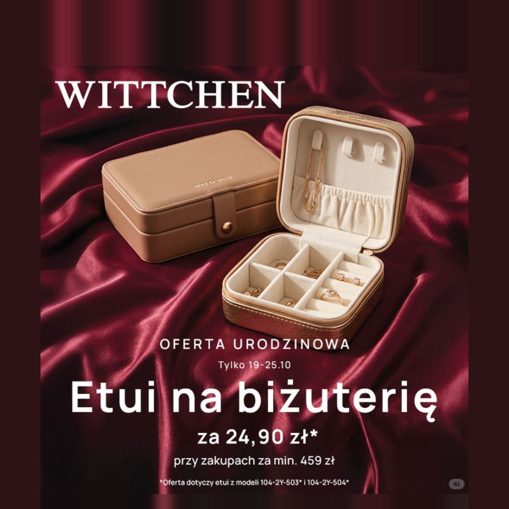 Grafika promocji Wittchen w Outlet Park Szczecin: oferta urodzinowa, etui na biżuterię za 24,90 zł przy zakupach za min. 459 zł, 19–25 października