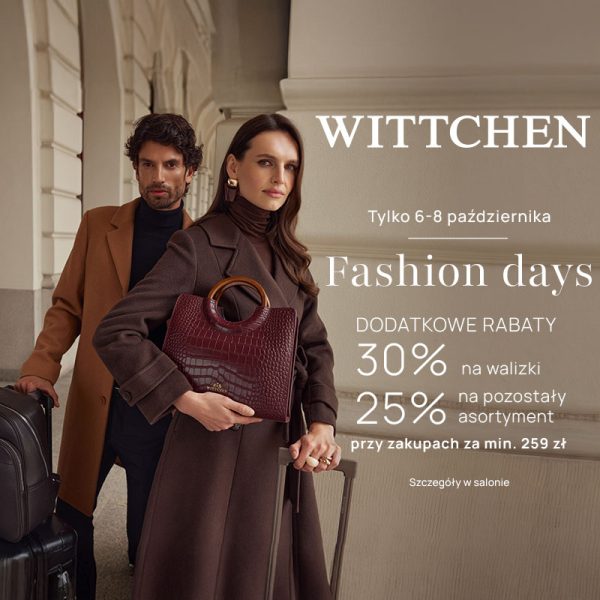 Grafika Wittchen Fashion Days: modelka z bordową torebką i walizkami, dodatkowe rabaty 30% i 25%, Outlet Park Szczecin