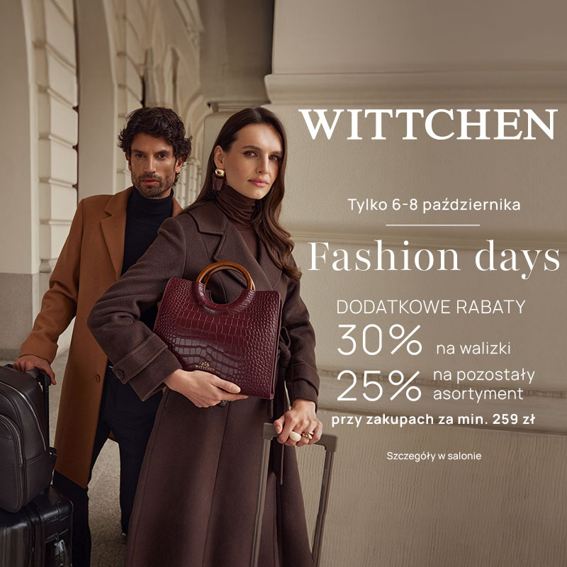 Grafika Wittchen Fashion Days: modelka z bordową torebką i walizkami, dodatkowe rabaty 30% i 25%, Outlet Park Szczecin
